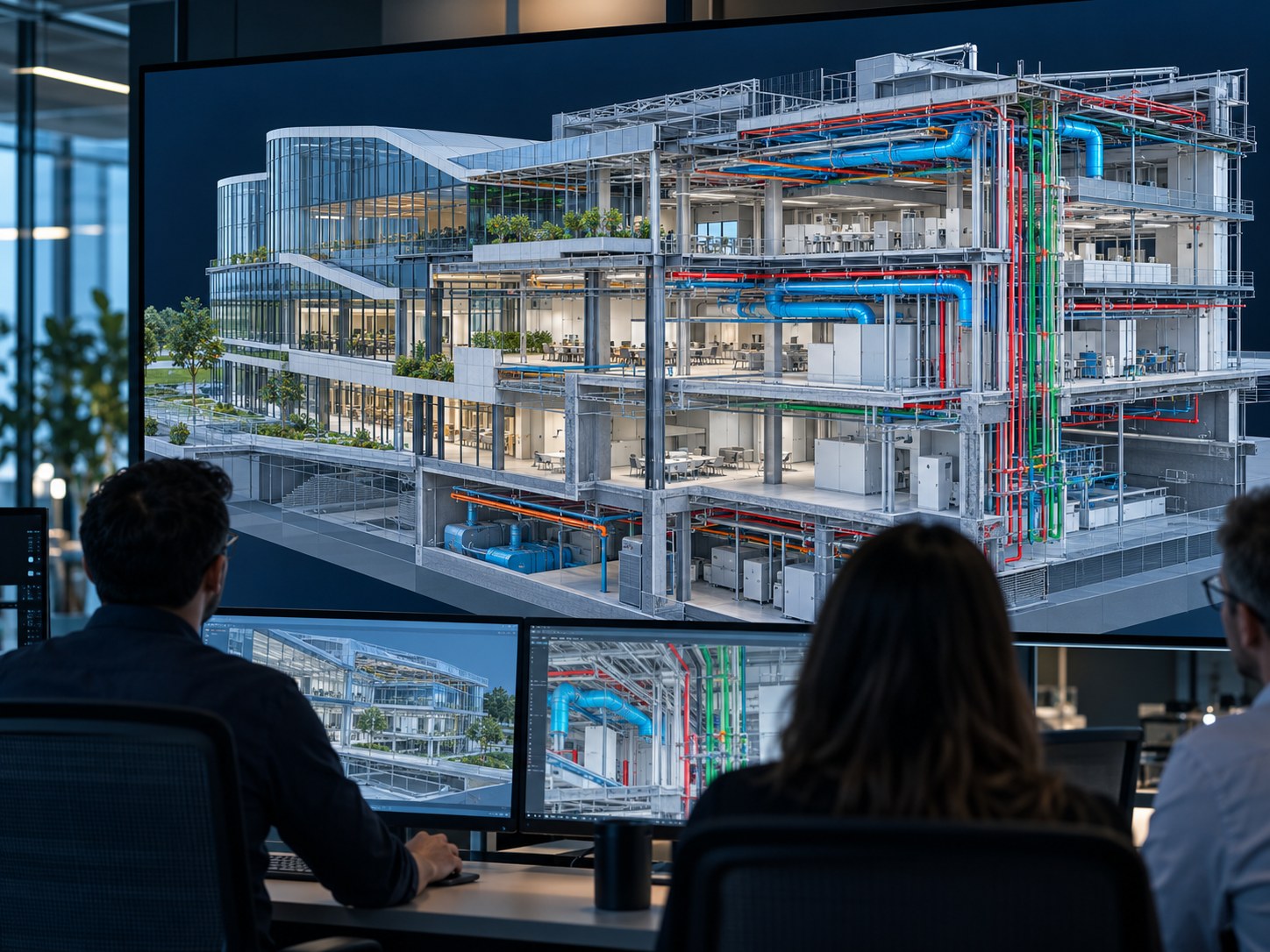 Equipe técnica analisando um modelo BIM multidisciplinar