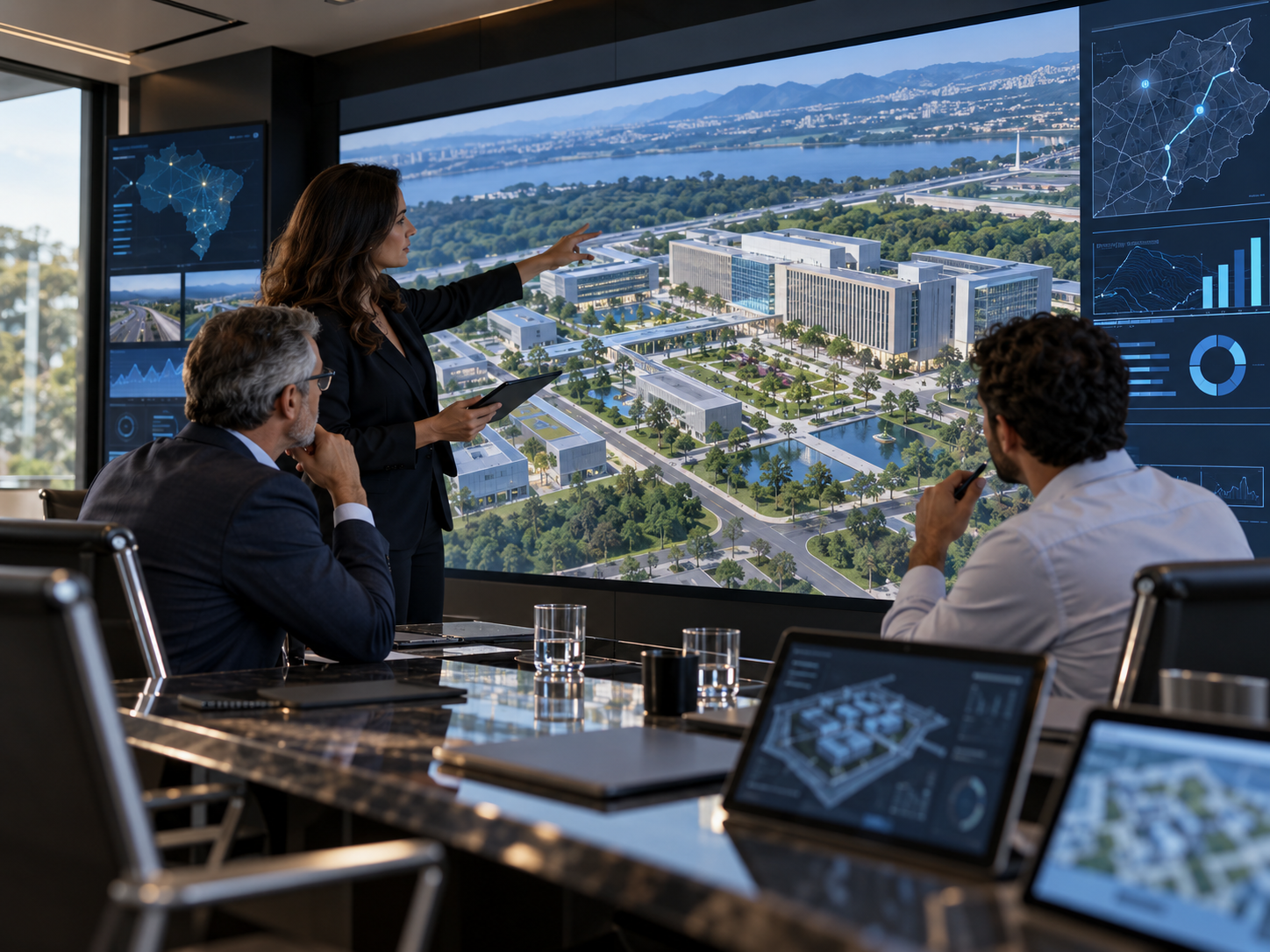 Especialistas avaliando um empreendimento institucional por meio de modelos digitais