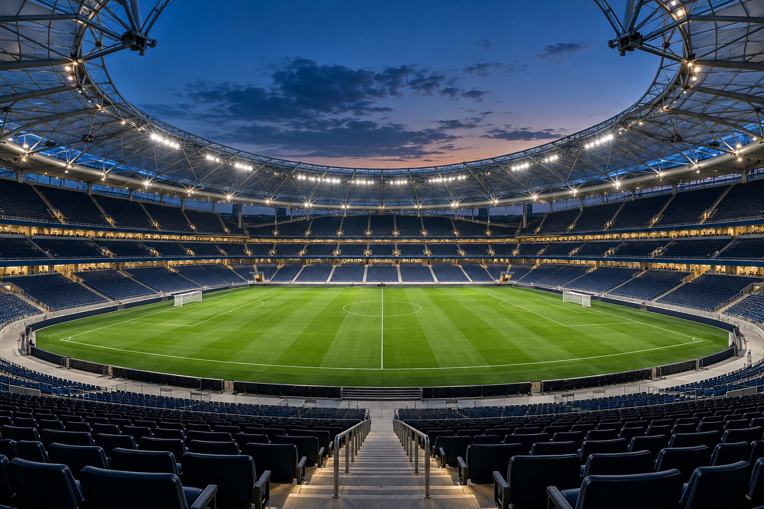 Estádio de futebol com campo, arquibancadas e cobertura