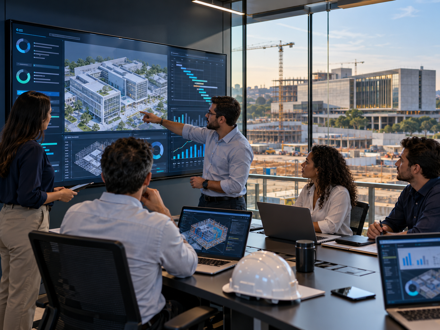 Equipe multidisciplinar coordenando um empreendimento com modelo digital e indicadores