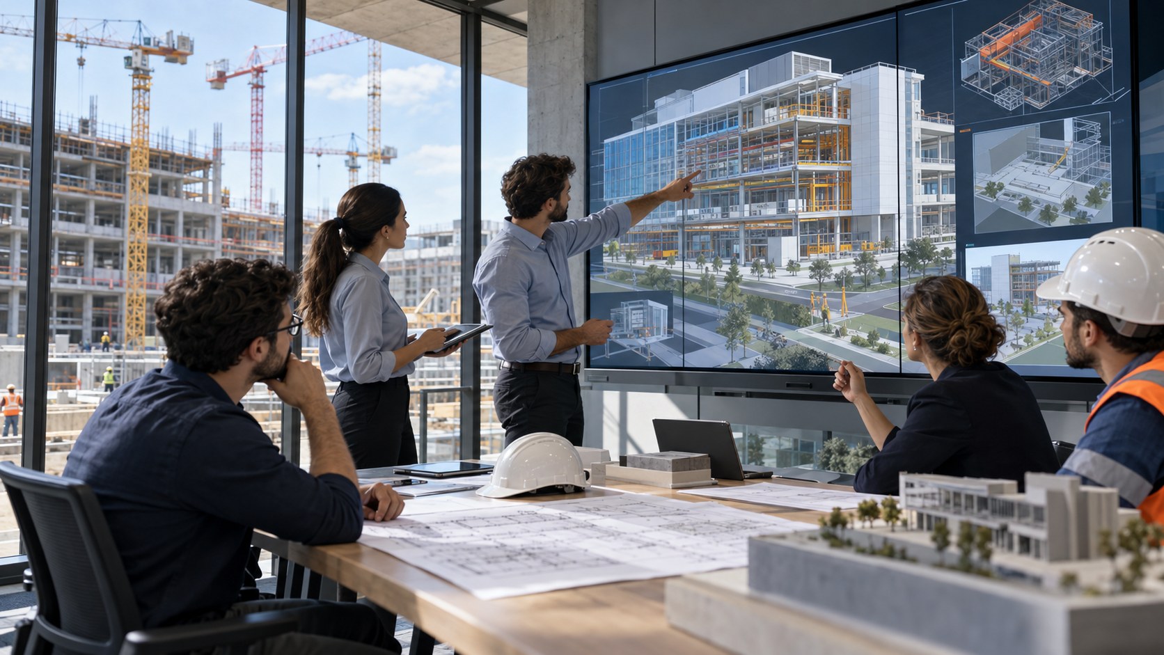 Equipe multidisciplinar coordenando um empreendimento com modelos digitais